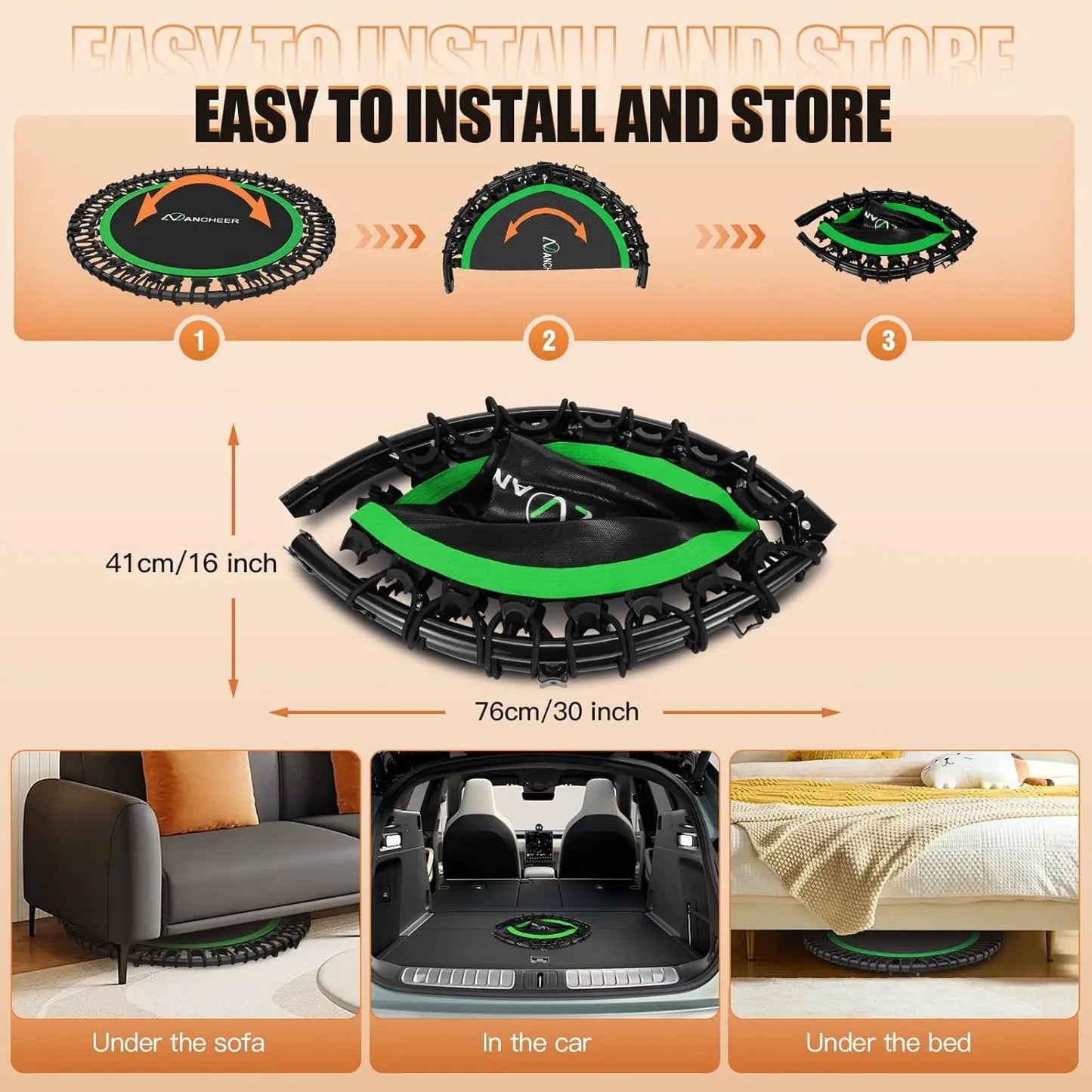 ANCHOER Adjustable Foldable Round Rebounder Trampoline (40"/48") - Max Load Capacity 570Lbs/620Lbs, Indoor Fitness Equipment with 4-Level Foam Handle and Resistance Bands for Home and Gym Use