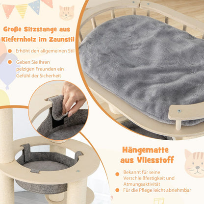 6-Tier Wooden Cat Tree with Hammock, 4 Resting Areas, and 3 Scratching Posts - 66 x 66 x 150 cm