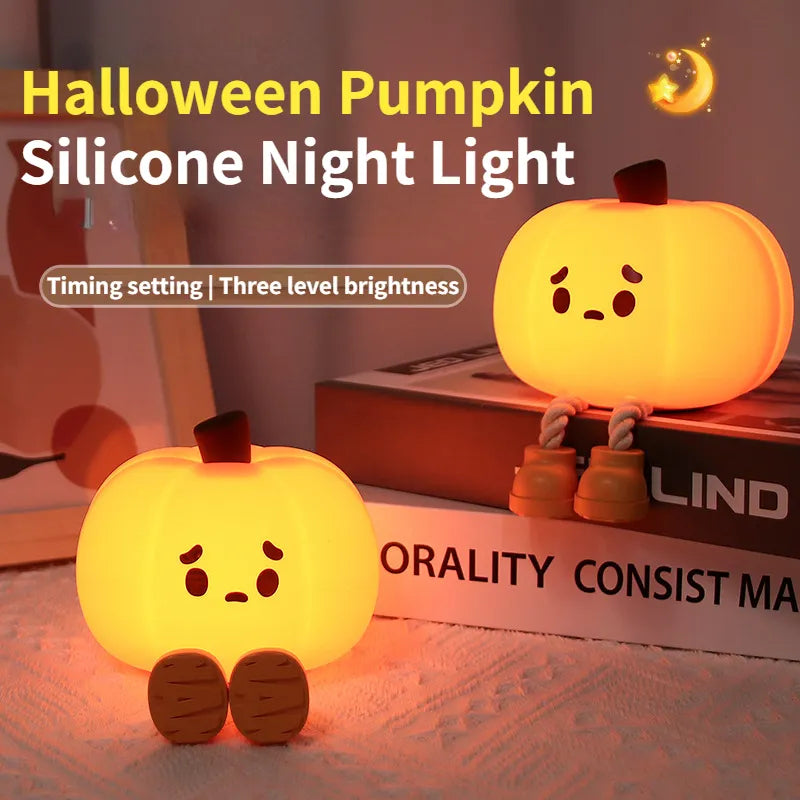 Halloween Pumpkin Night Light - Soft Silicone Touch Dimmable Rechargeable Lamp for Home Decor and Kids Gifts