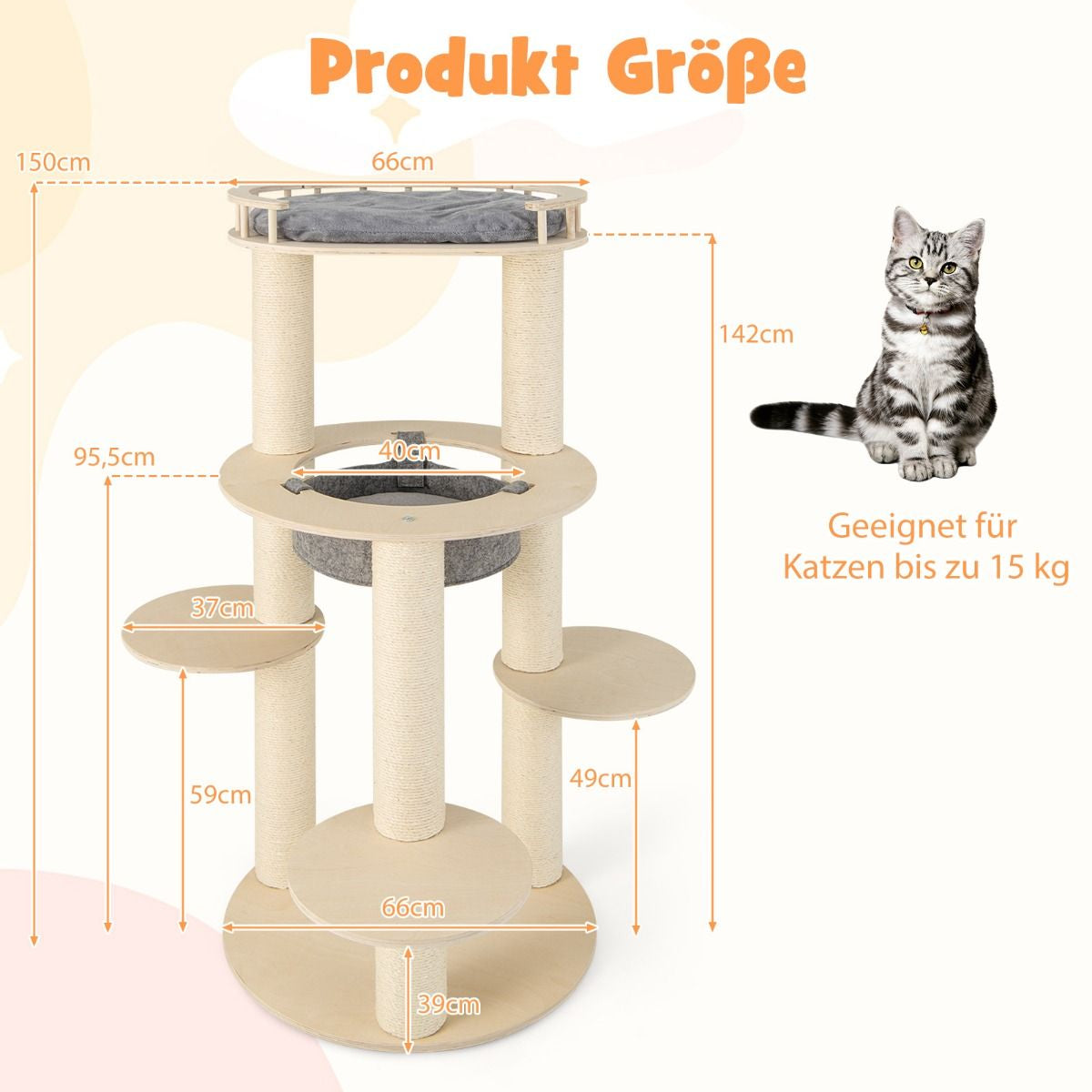 6-Tier Wooden Cat Tree with Hammock, 4 Resting Areas, and 3 Scratching Posts - 66 x 66 x 150 cm