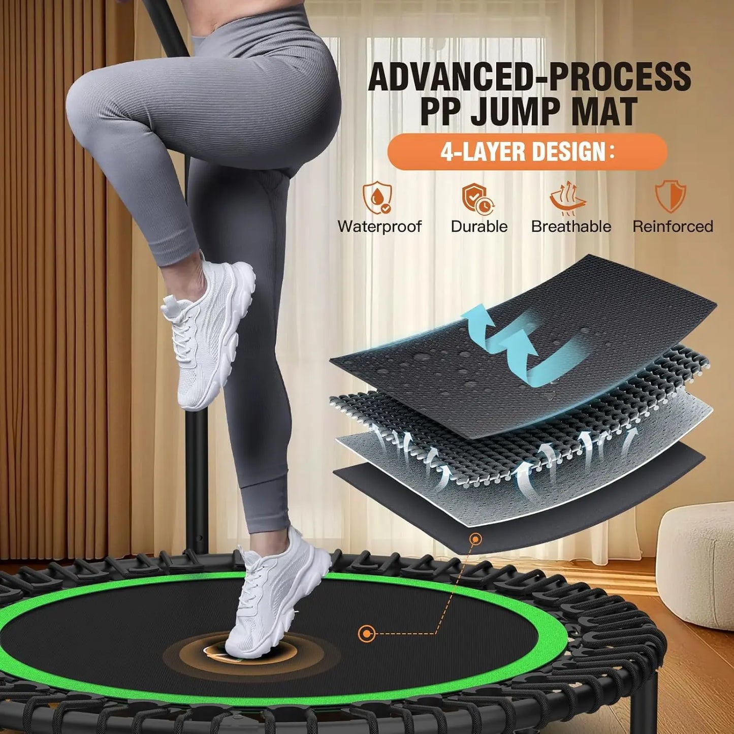 ANCHOER Adjustable Foldable Round Rebounder Trampoline (40"/48") - Max Load Capacity 570Lbs/620Lbs, Indoor Fitness Equipment with 4-Level Foam Handle and Resistance Bands for Home and Gym Use