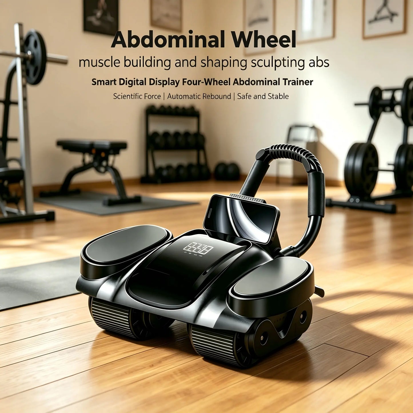 4-Wheel Auto Rebound Ab Roller with Digital Counter, Enhanced Elbow Pad, and Phone Holder - Professional Core Trainer for Home Gym Fitness and Abdominal Workouts