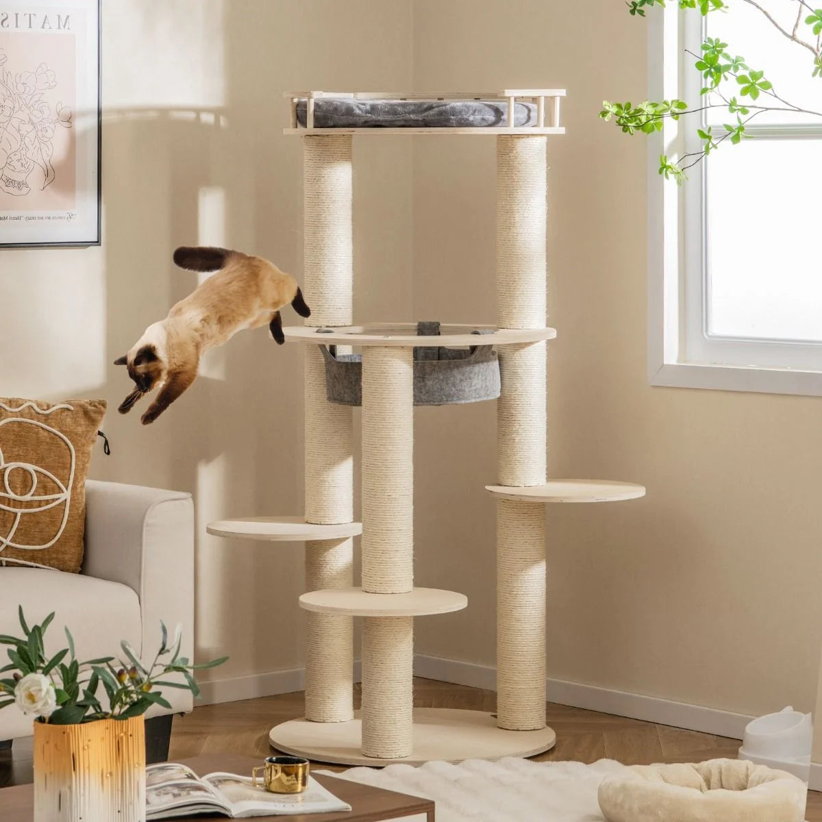 6-Tier Wooden Cat Tree with Hammock, 4 Resting Areas, and 3 Scratching Posts - 66 x 66 x 150 cm