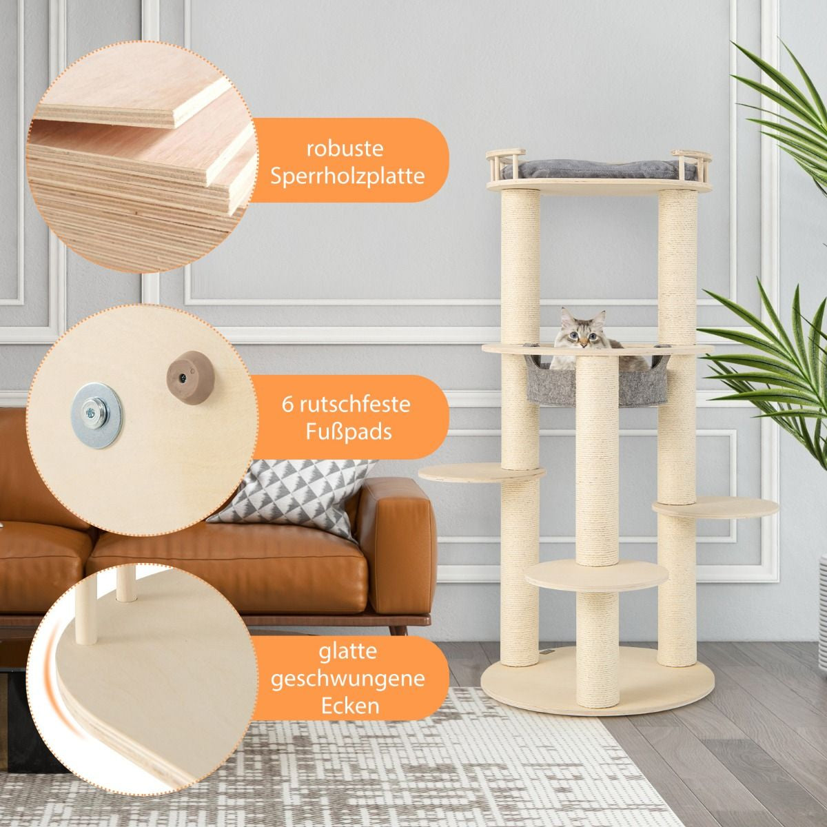 6-Tier Wooden Cat Tree with Hammock, 4 Resting Areas, and 3 Scratching Posts - 66 x 66 x 150 cm