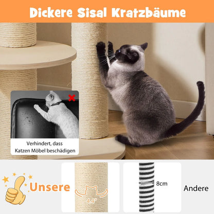 6-Tier Wooden Cat Tree with Hammock, 4 Resting Areas, and 3 Scratching Posts - 66 x 66 x 150 cm
