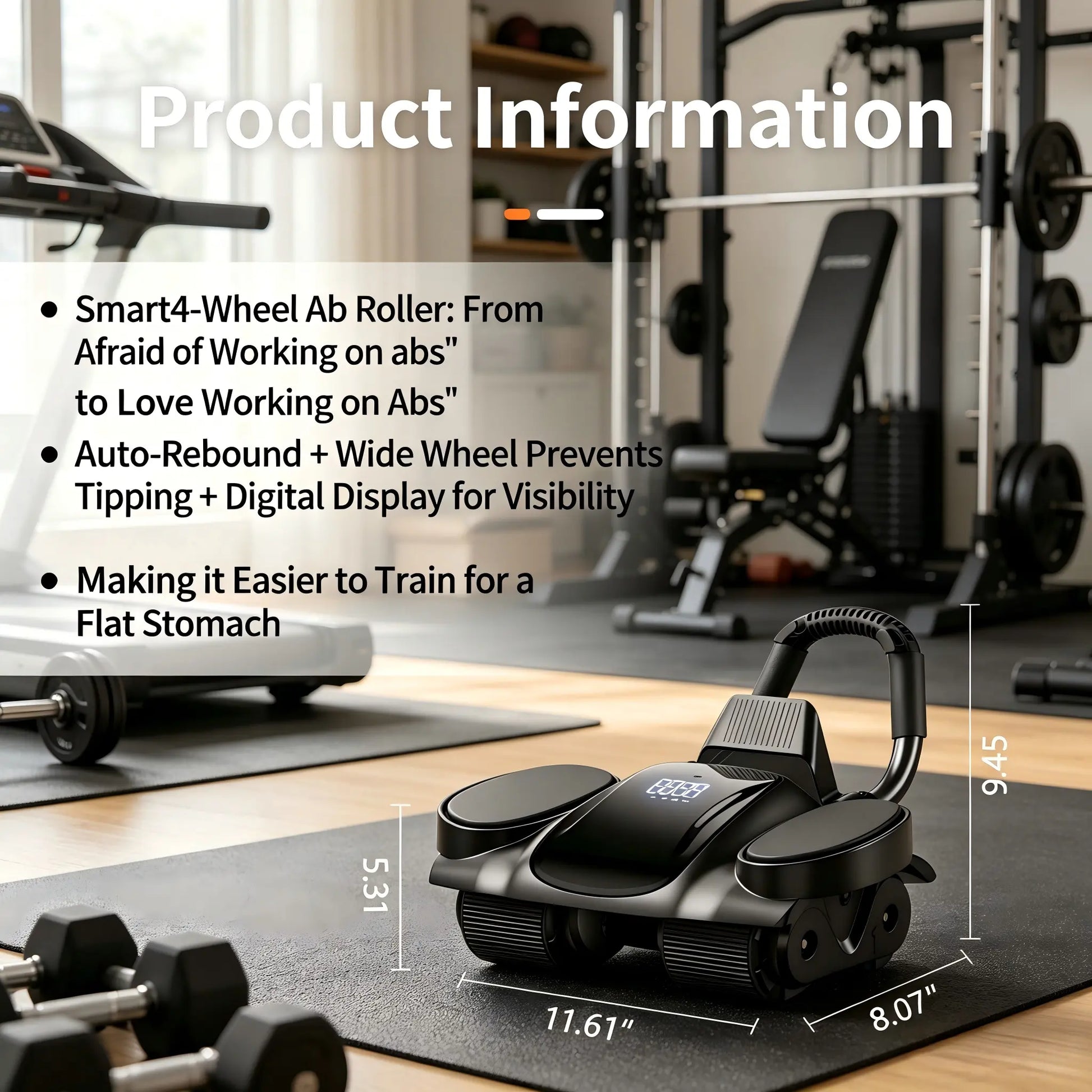 4-Wheel Auto Rebound Ab Roller with Digital Counter, Enhanced Elbow Pad, and Phone Holder - Professional Core Trainer for Home Gym Fitness and Abdominal Workouts
