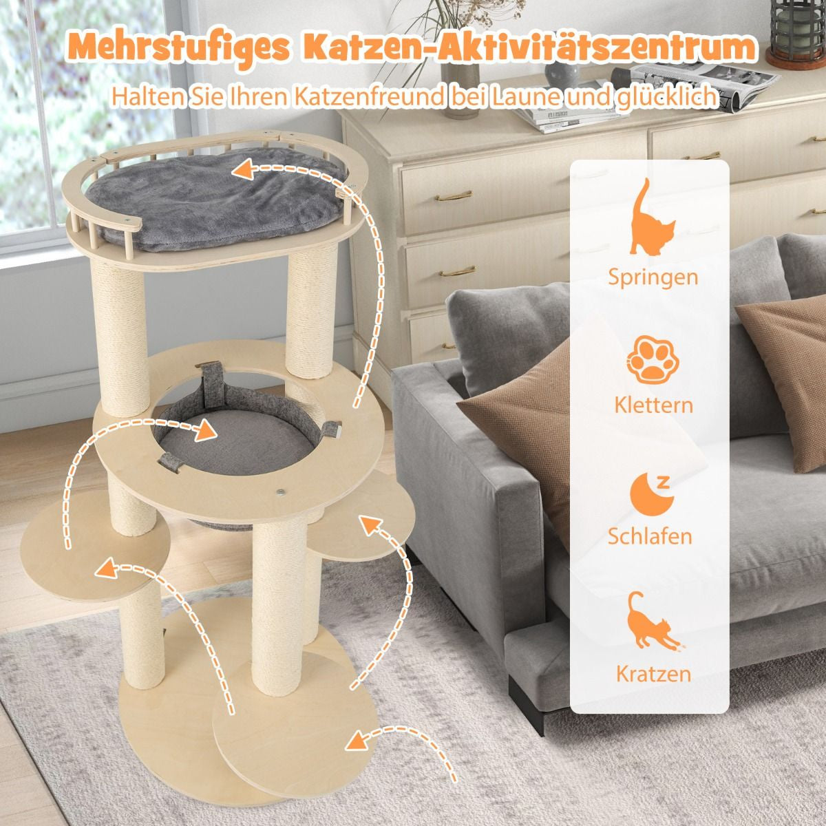 6-Tier Wooden Cat Tree with Hammock, 4 Resting Areas, and 3 Scratching Posts - 66 x 66 x 150 cm