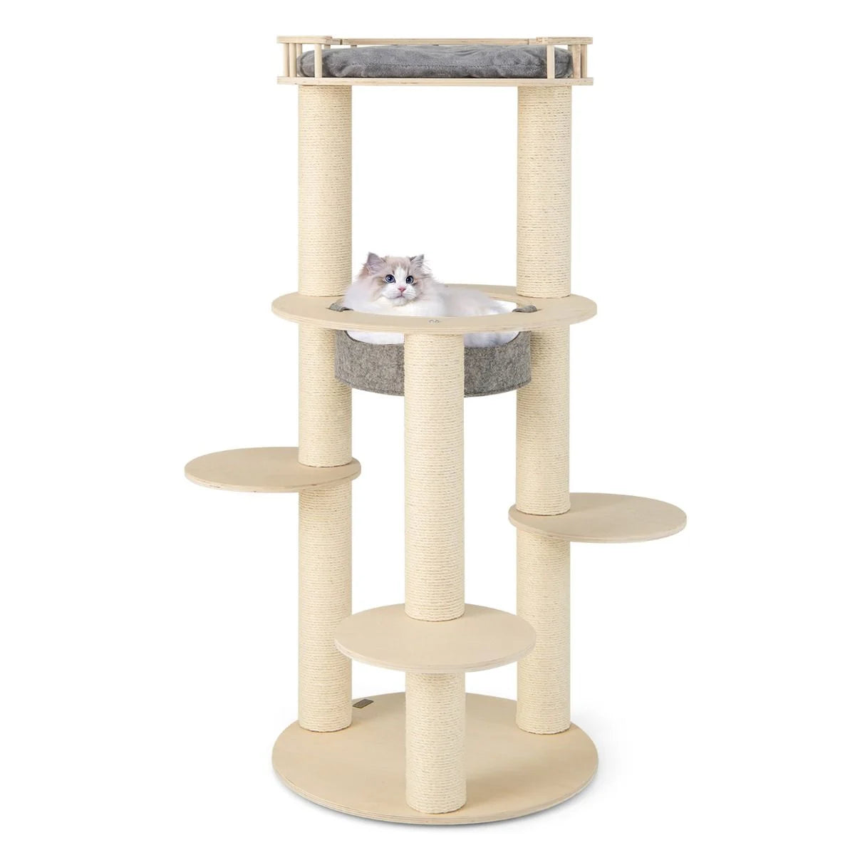 6-Tier Wooden Cat Tree with Hammock, 4 Resting Areas, and 3 Scratching Posts - 66 x 66 x 150 cm