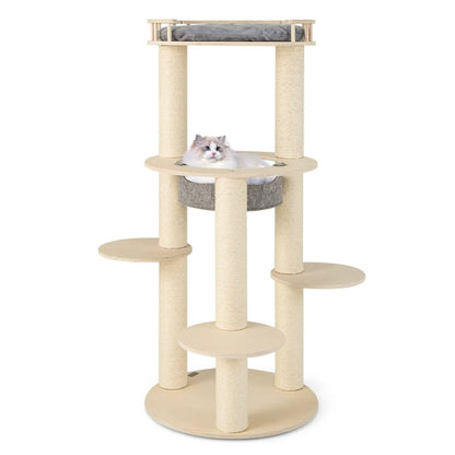 6-Tier Wooden Cat Tree with Hammock, 4 Resting Areas, and 3 Scratching Posts - 66 x 66 x 150 cm