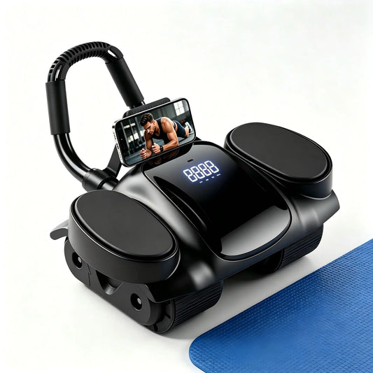 4-Wheel Auto Rebound Ab Roller with Digital Counter, Enhanced Elbow Pad, and Phone Holder - Professional Core Trainer for Home Gym Fitness and Abdominal Workouts