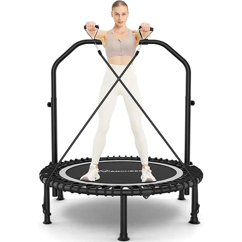 ANCHOER Adjustable Foldable Round Rebounder Trampoline (40"/48") - Max Load Capacity 570Lbs/620Lbs, Indoor Fitness Equipment with 4-Level Foam Handle and Resistance Bands for Home and Gym Use
